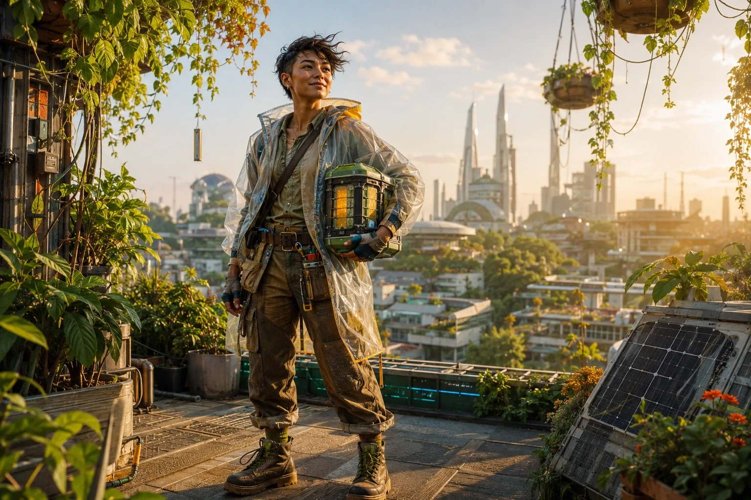 A young solarpunk rooftop technician wearing handcrafted utility clothing and holding a modular energy device in a lush elevated garden above a futuristic city.