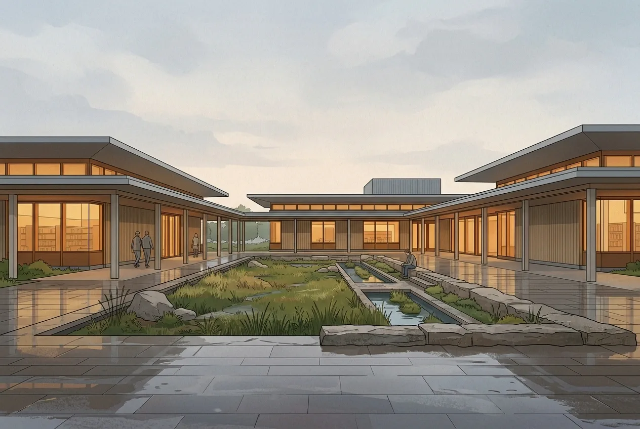 2D illustration of a contemporary courtyard library surrounding a stepped rain garden with covered reading terraces, native planting, wet stone paving, and warm interior light after rain.
