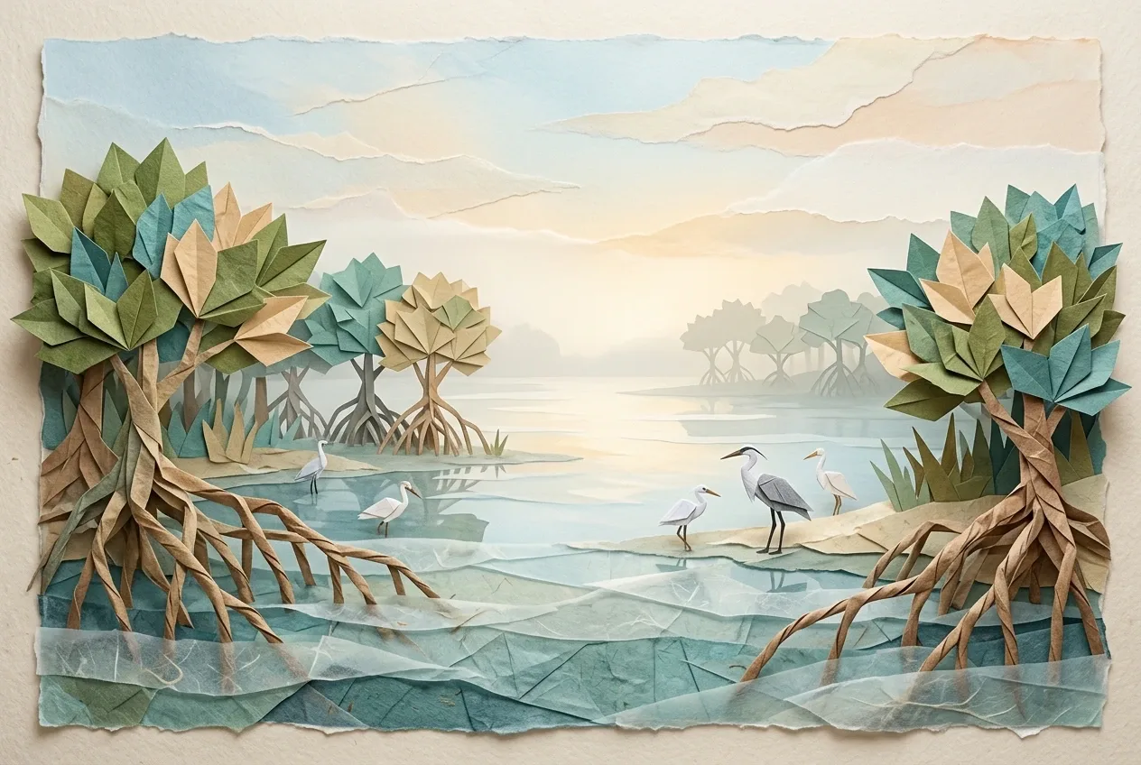 Origami mangrove lagoon at misty dawn with folded paper trees, exposed roots, layered teal water, and small wading birds.