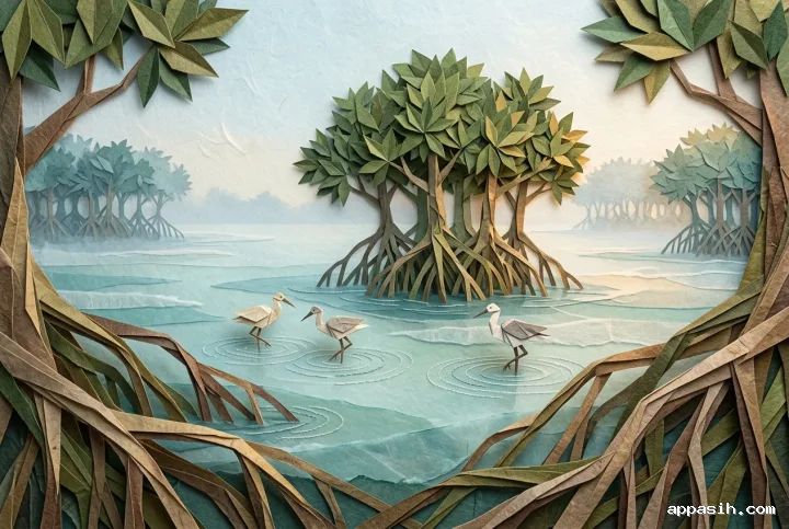 Low-angle origami mangrove lagoon at misty dawn with detailed folded roots, layered paper water, wading birds, and warm light along paper edges.