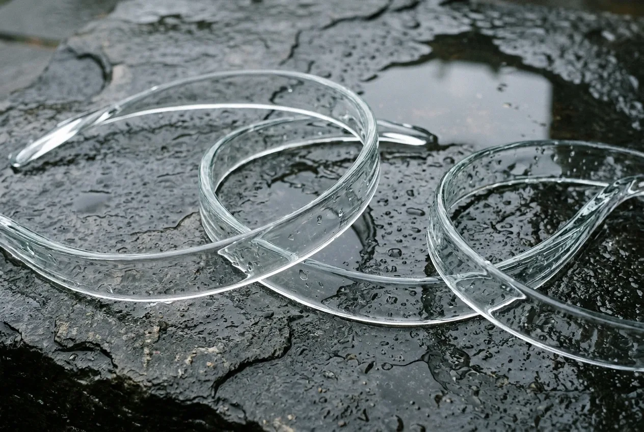 Translucent glass ribbons curve across dark wet stone with rain droplets, soft natural light, and subtle reflections in a photorealistic abstract composition.