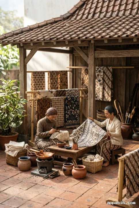 Detailed 3D miniature diorama of a Javanese batik courtyard workshop with artisans, wax tools, patterned textiles, timber posts, and warm sunlight.