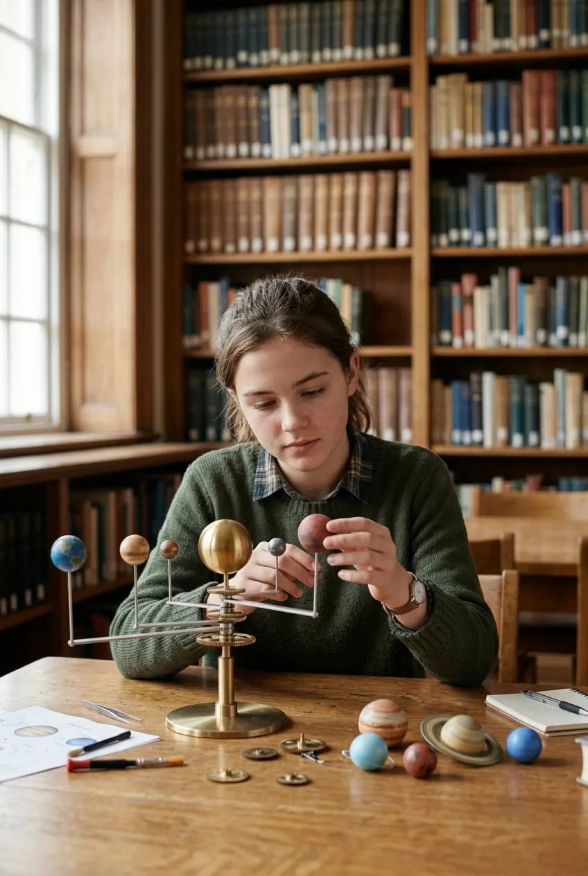 Teenage student assembling a mechanical solar system model at a wooden table in a naturally lit school library.