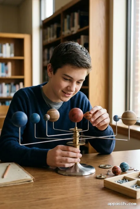 Focused teenage student adjusting a mechanical solar system model during a hands-on astronomy lesson in a naturally lit school library.