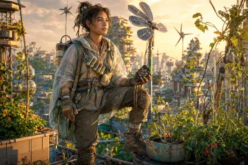 A young eco-futuristic sky apiarist stands in a rooftop garden holding a smart hive module while small pollinator drones hover nearby above a green future city.