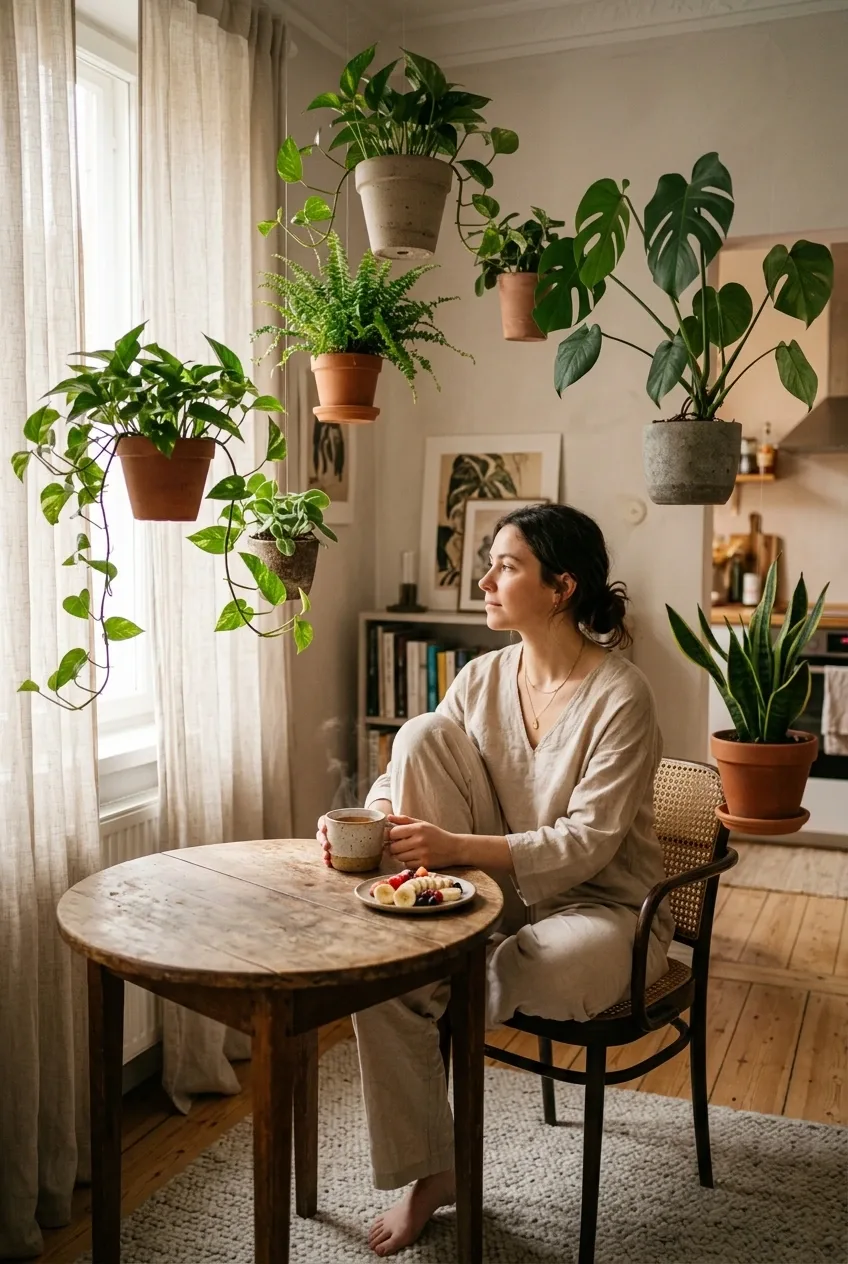 Woman drinking morning tea at a wooden table beneath floating green houseplants in a serene surreal apartment.