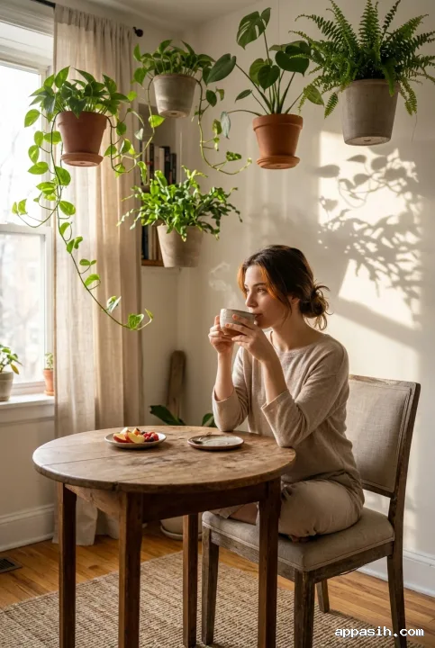 Woman lifting a cup of morning tea while realistic floating houseplants surround her in a softly lit surreal apartment.