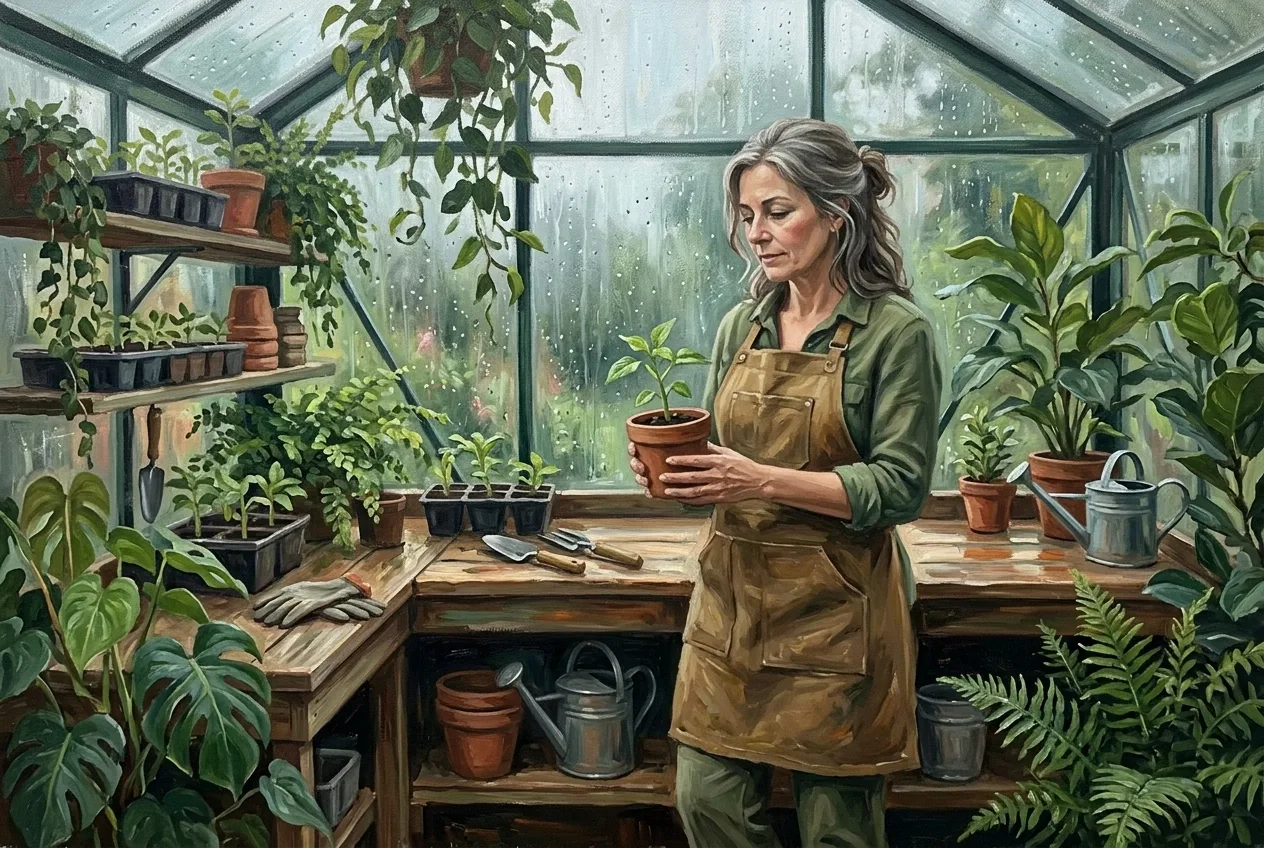 Acrylic painting portrait of a botanist holding a young potted seedling inside a rainlit greenhouse filled with lush plants and misted glass.