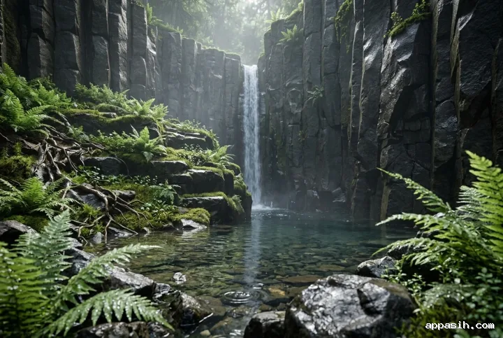 Closer three-quarter view of a misty basalt gorge with cascading water, wet volcanic stone, lush fern terraces, moss, and reflective forest pools in realistic 3D architectural visualization.