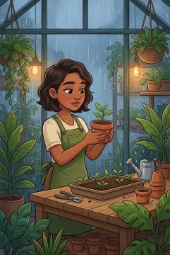 Cartoon portrait of a young greenhouse botanist holding a seedling beside a planting table while rain falls across greenhouse windows.