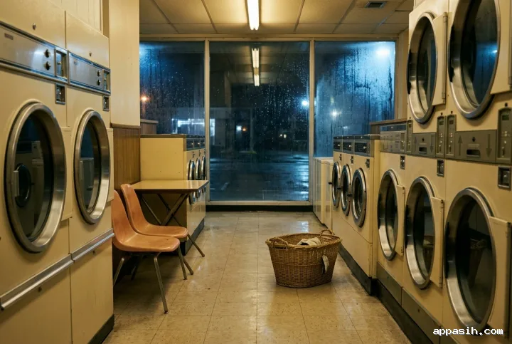 Cinematic 1980s coin laundry on a rainy midnight, viewed closer along the aisle with chrome machines, pale plastic chairs, a woven laundry basket, and rain-lit window reflections.