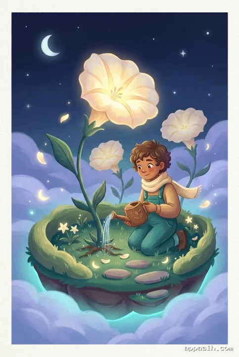 Cloud gardener kneeling beside a glowing moonflower on the same floating garden island above lavender clouds in a children's book illustration.