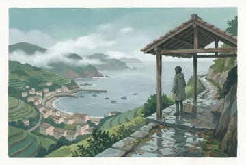Gouache painting of a lone traveler resting at a rainy cliffside tea shelter above a misty coastal village and calm bay.