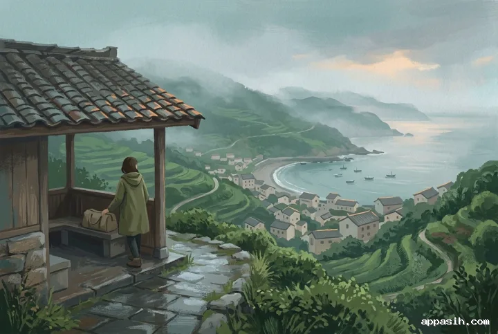Detailed gouache painting of a traveler beneath a rainy cliffside tea shelter overlooking the same misty coastal village, terraced hills, and calm bay.