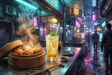 Cyberpunk concept art of steaming bao buns and sparkling yuzu soda on a neon-lit street food counter in a rainy futuristic night market.