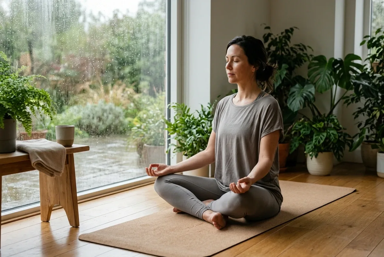 Adult woman practicing seated breathwork on a cork yoga mat beside a rain-washed window in a plant-filled wellness studio with herbal tea and soft morning light.