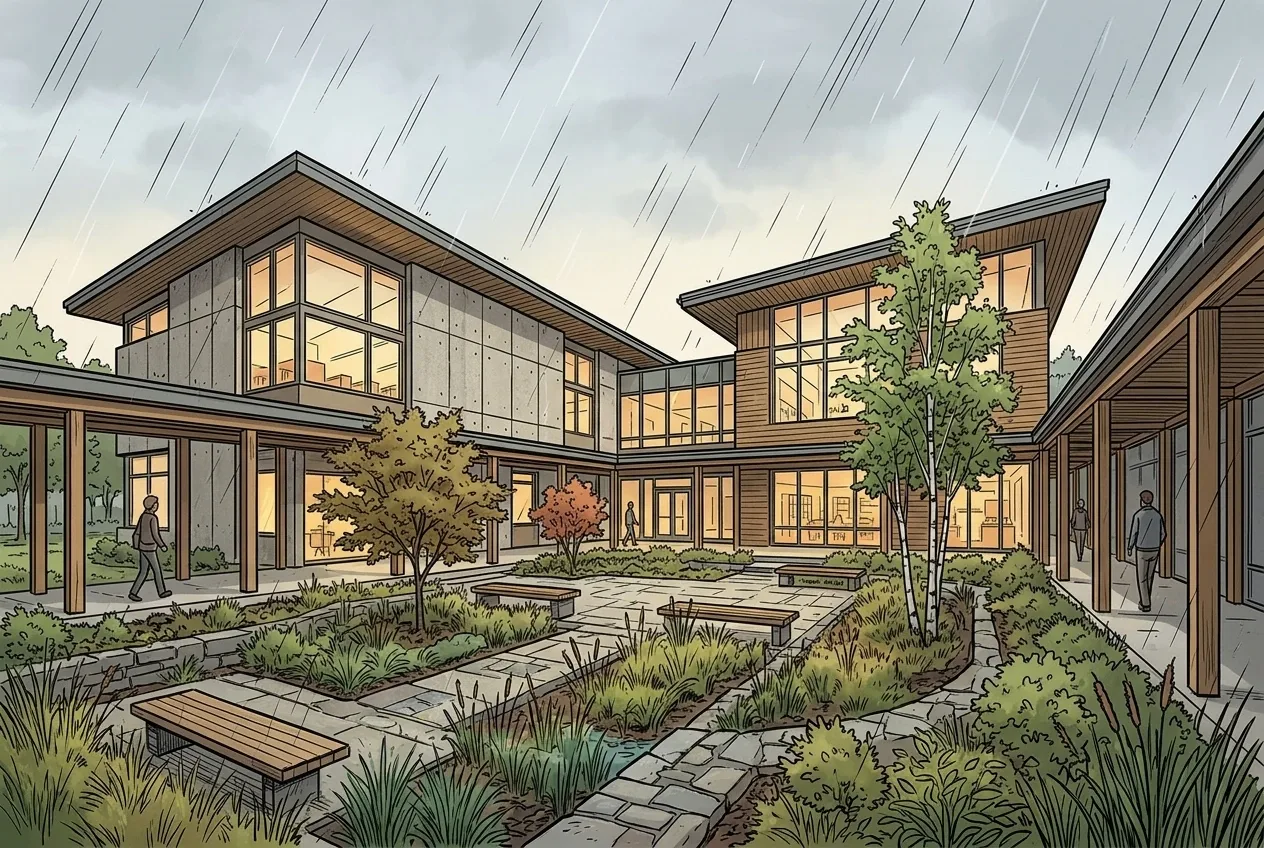 Comic book style contemporary courtyard library surrounding a landscaped rain garden with angular roofs, covered walkways, geometric windows, and warm interior lighting.