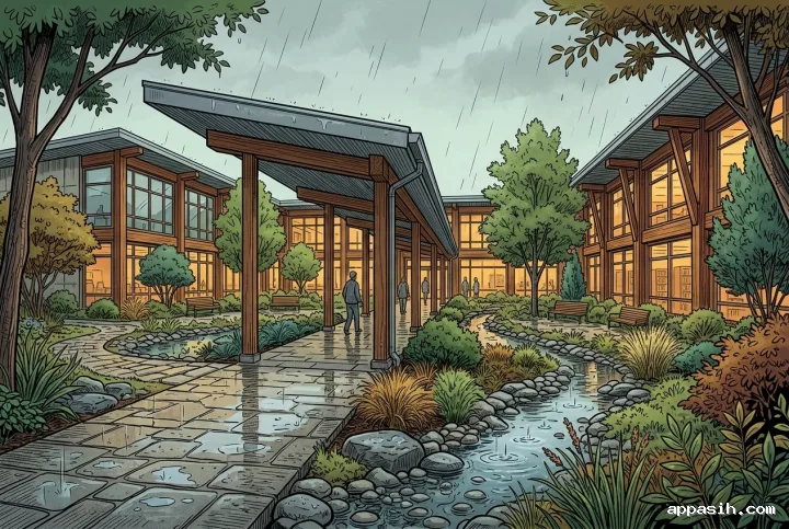 Detailed comic book style courtyard library viewed from a closer three-quarter angle, with a rain garden, sheltered walkway, angular roofs, wet paving, and warm interior light.