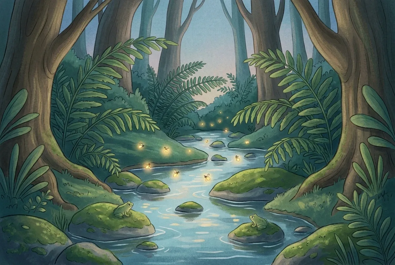 Children's book illustration of a fern-lined forest creek with glowing fireflies, mossy stones, and two tiny tree frogs at blue hour.