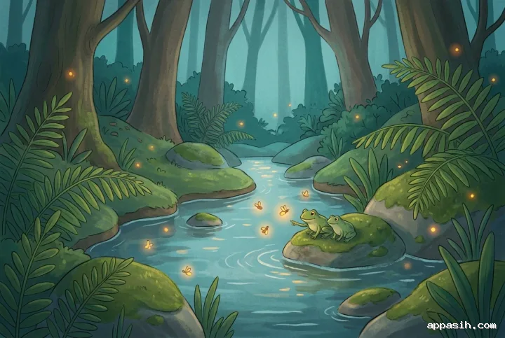 Detailed children's book illustration of two tiny tree frogs beside a firefly-lit fern creek with mossy stones and cool blue-hour woodland light.