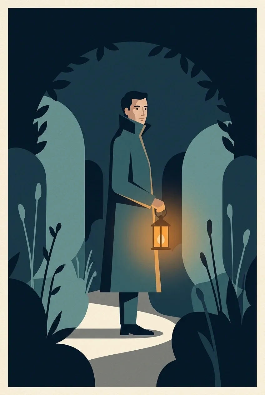 Minimalist graphic lantern keeper holding an amber light while standing in a dark midnight garden with geometric foliage.