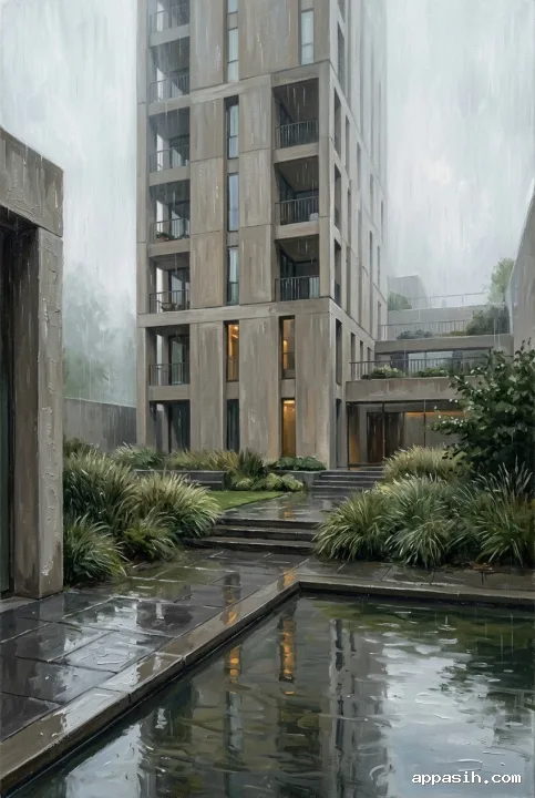 Acrylic painting of the same contemporary courtyard tower from a lower three-quarter viewpoint, showing wet concrete terraces, a reflecting pool, ornamental grasses, mist, and restrained amber window light.