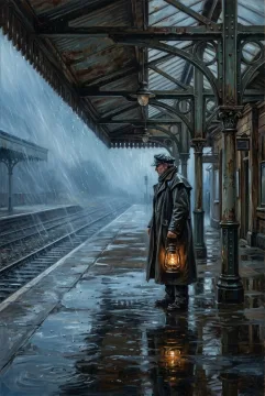 Oil painting of a solitary lantern keeper standing on a flooded railway platform in heavy evening rain, holding a warm glowing lantern beside misty tracks.