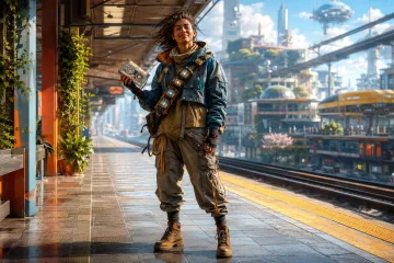 A young screen-free community guide carries tactile games and analog activity tools in a plant-filled urban courtyard prepared for a social gathering.