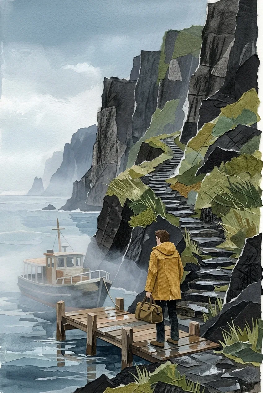 Traveler in a mustard raincoat arriving at a misty volcanic island ferry landing, rendered as a layered mixed-media travel collage with torn paper cliffs and textured coastal scenery.
