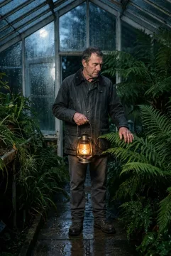 A middle-aged lantern keeper standing among giant ferns inside a rain-soaked glasshouse at night, illuminated by warm lantern light in a fine art photographic portrait.