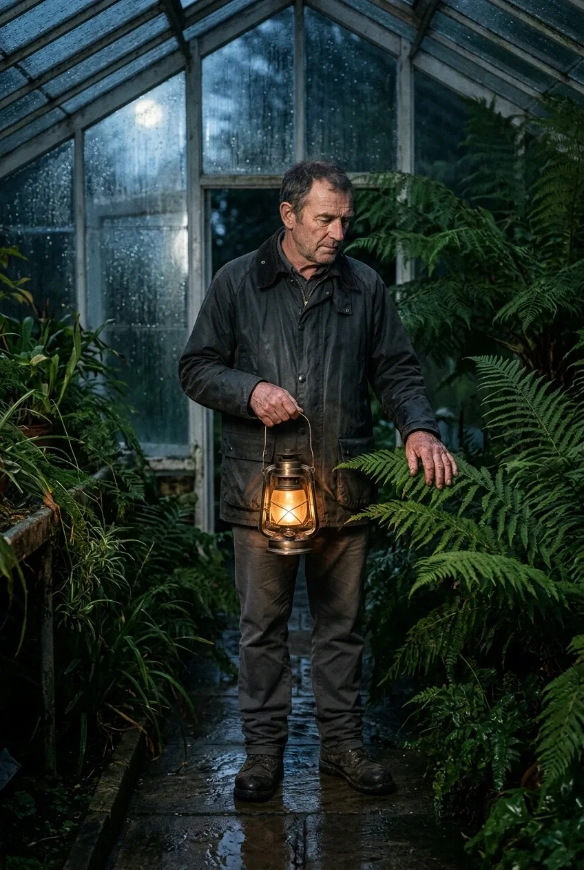 A middle-aged lantern keeper standing among giant ferns inside a rain-soaked glasshouse at night, illuminated by warm lantern light in a fine art photographic portrait.