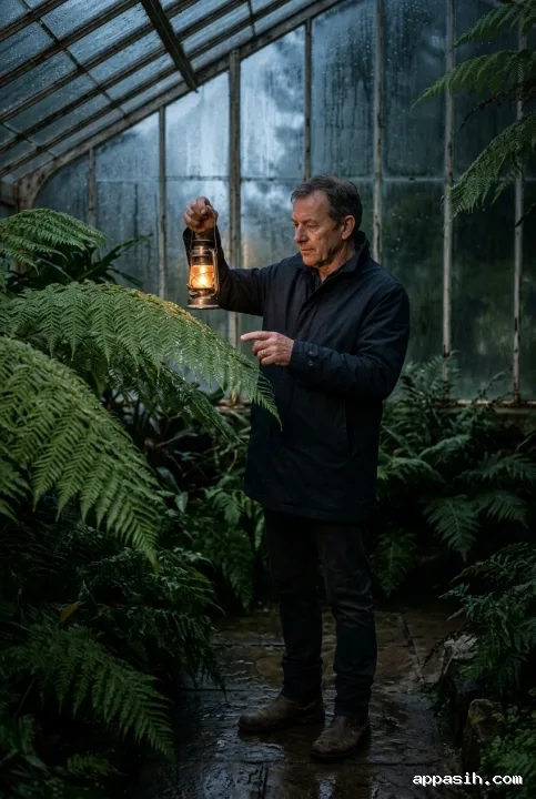 A closer three-quarter portrait of the same lantern keeper lifting a warm lantern toward a rain-dappled fern inside the nocturnal glasshouse, rendered with detailed fine art photography.