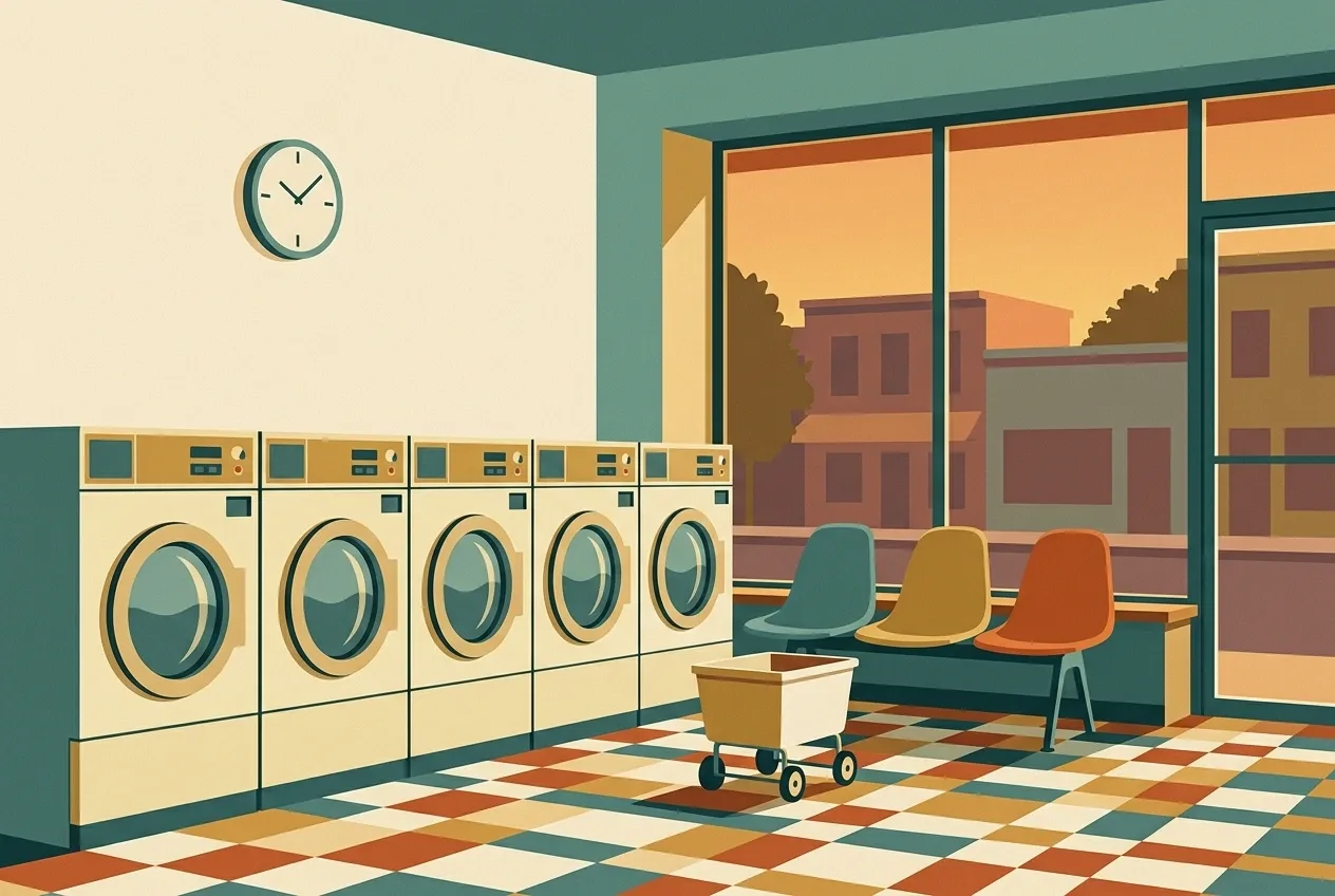 Minimalist graphic of a 1970s laundromat with cream washing machines, molded chairs, tiled flooring, and warm amber dusk light.