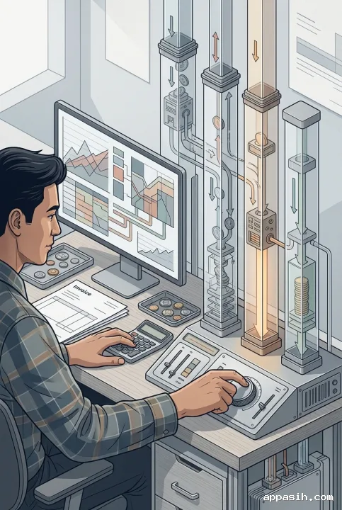 Small business owner examining detailed cash flow channels for revenue, expenses, reserves, and retained cash at a financial control desk.