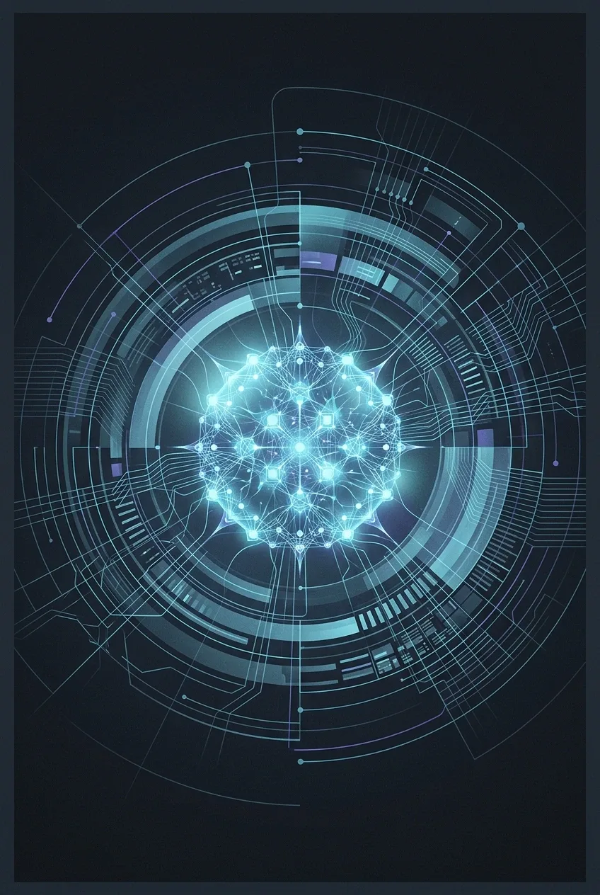Abstract technology graphic showing a luminous neural data core surrounded by layered circuit pathways and flowing digital signal structures.