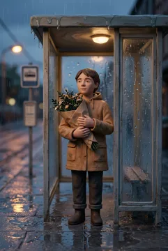 Clay 3D portrait of a night florist holding paper-wrapped wildflowers beneath a rainy tram shelter with warm light reflecting on wet pavement.