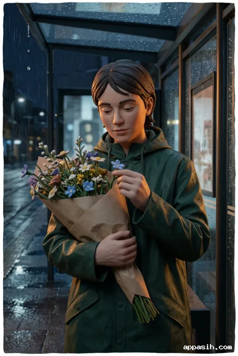 Closer Clay 3D portrait of the same night florist looking toward a wildflower bundle beneath the rainy tram shelter, lit by warm amber and cool blue-gray light.