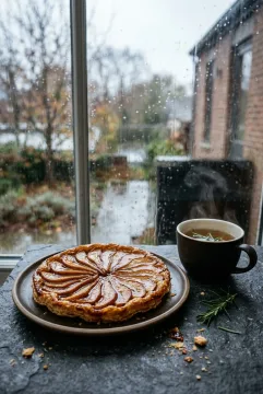 Caramelized pear tart beside steaming rosemary tea on a dark table near a rain-streaked window in cinematic light.