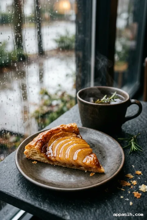 Close cinematic view of a caramelized pear tart with steaming rosemary tea beside a rain-streaked window and warm highlights.
