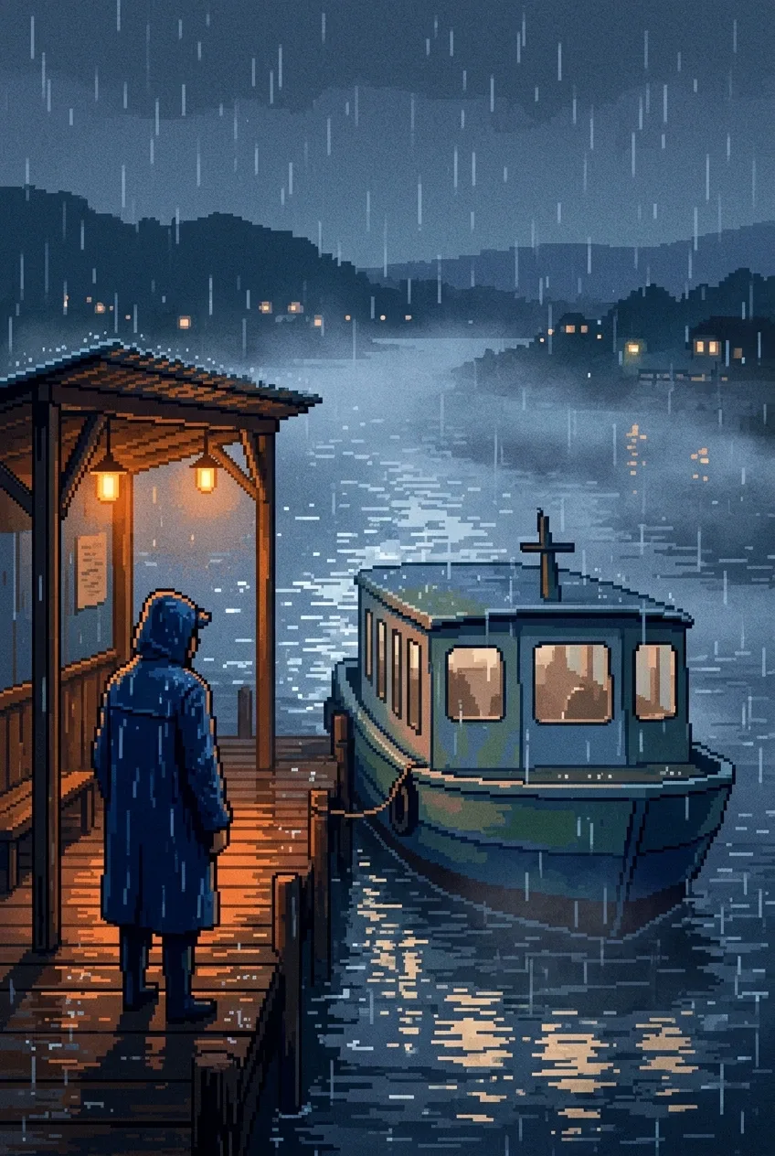 Night ferry keeper in a dark raincoat standing at a rainy wooden riverside terminal beside a moored passenger ferry, rendered in cinematic retro pixel art.