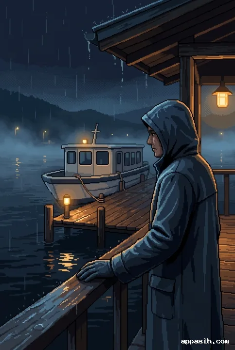 Closer cinematic view of a night ferry keeper beside the same rain-soaked riverside terminal and passenger ferry, with amber lamps, blue-gray mist, and detailed retro pixel art lighting.