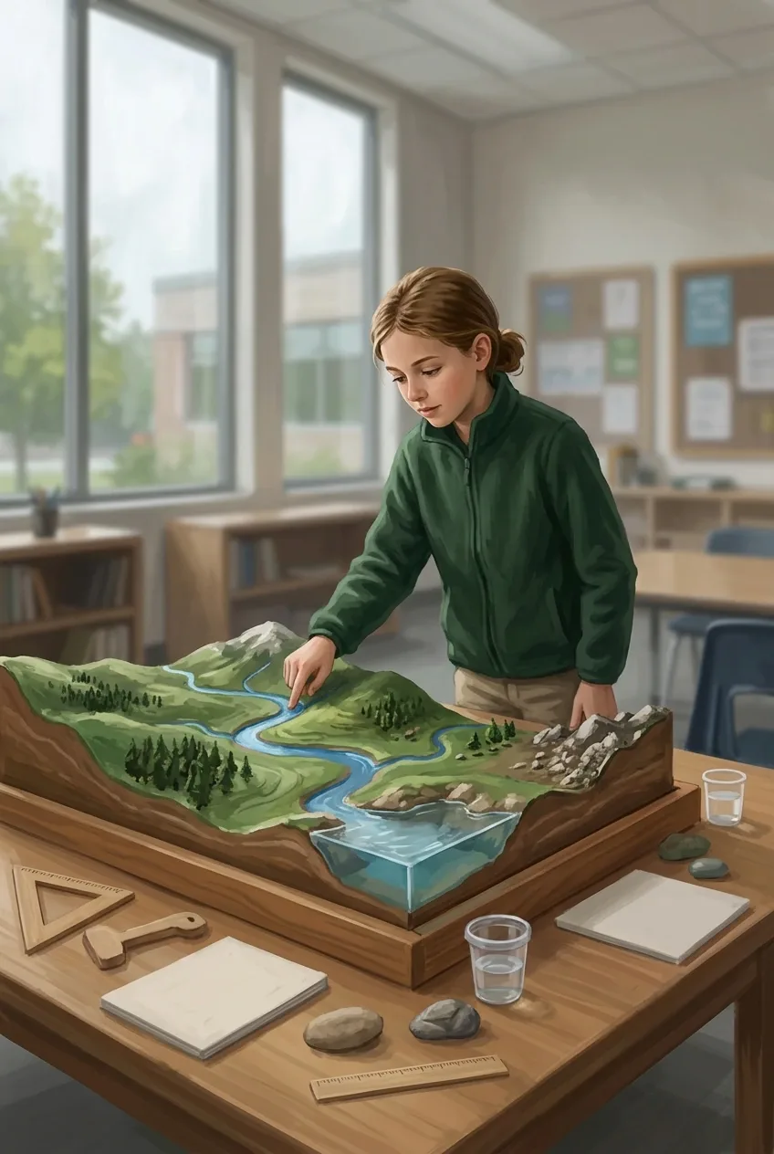 Student examining a miniature watershed model with rivers, hills, forests, and science materials in a classroom.