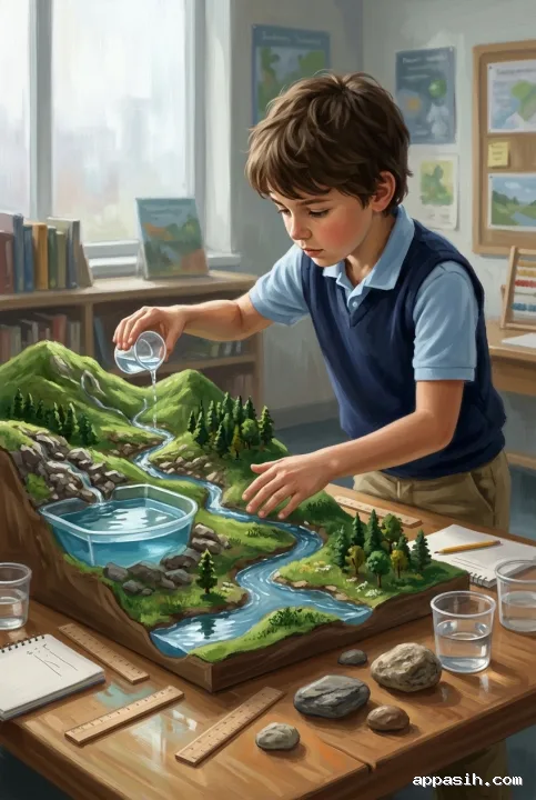 Student pouring water onto a detailed miniature watershed model while studying rivers and terrain in a classroom.