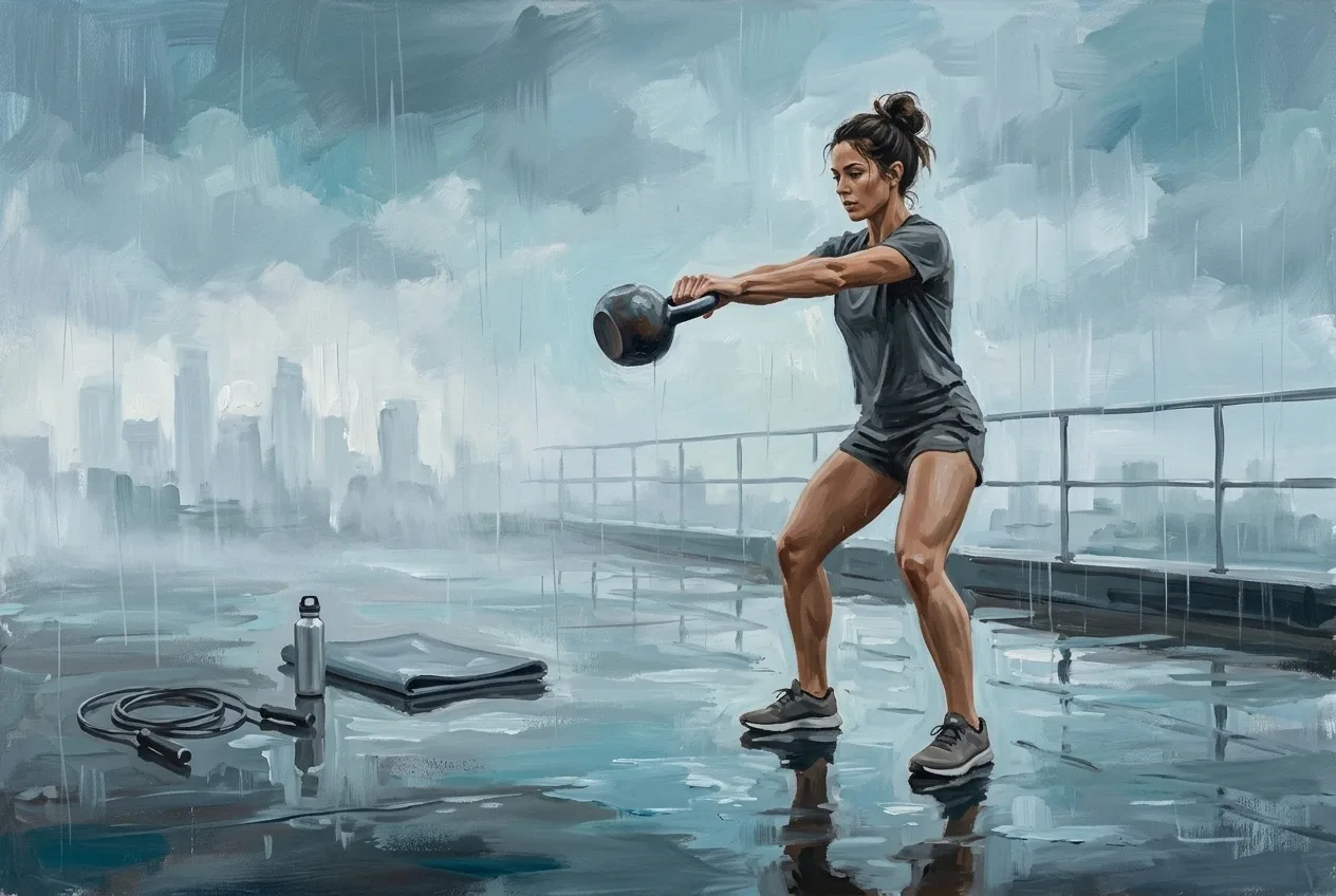 Athletic woman swinging a kettlebell on a rain-wet rooftop training deck in a textured acrylic painting.