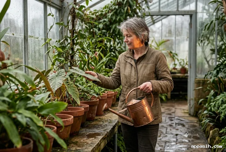 Greenhouse keeper holding a copper watering can and inspecting a broad leaf beside terracotta pots in a rain-dampened glasshouse.