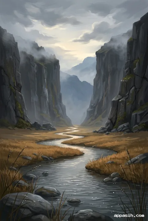 Detailed digital painting of a mist-covered basalt valley with a winding river, wet foreground stones, amber grasslands, and soft dawn light.