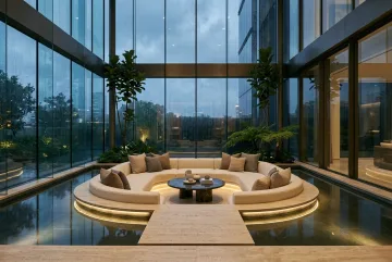 Cinematic sunken lounge inside a rainlit glass atrium with curved cream seating, a dark stone table, indoor trees, and a shallow reflecting pool.