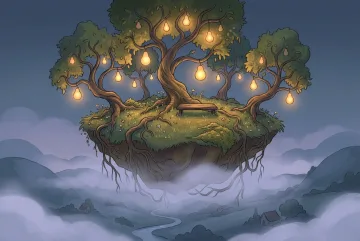Floating orchard with glowing pear-shaped lanterns above a misty valley in a surreal 2D storybook illustration.