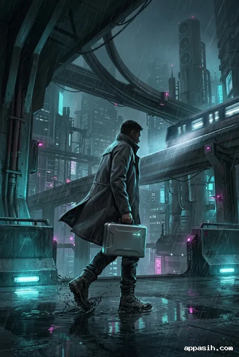 Cyberpunk night courier stepping through rainwater with a sealed metallic case inside the same elevated futuristic transit hub beneath illuminated rails and misty towers.