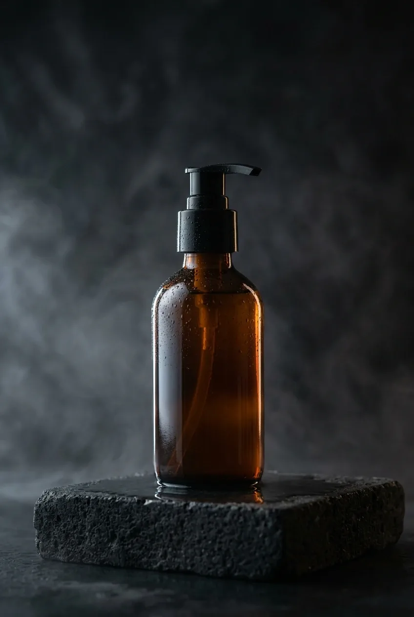 Unbranded amber skincare pump bottle standing on a dark rain-wet stone pedestal with mist and cinematic studio lighting.